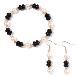 Women's Black Obsidian and White Shell Pearl Bracelet and Earrings in Goldtone